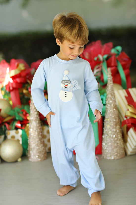 Snowman Applique Knit Blue Boy Romper