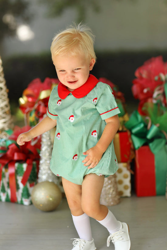 Santa Embroidered Green Gingham Boy Bubble