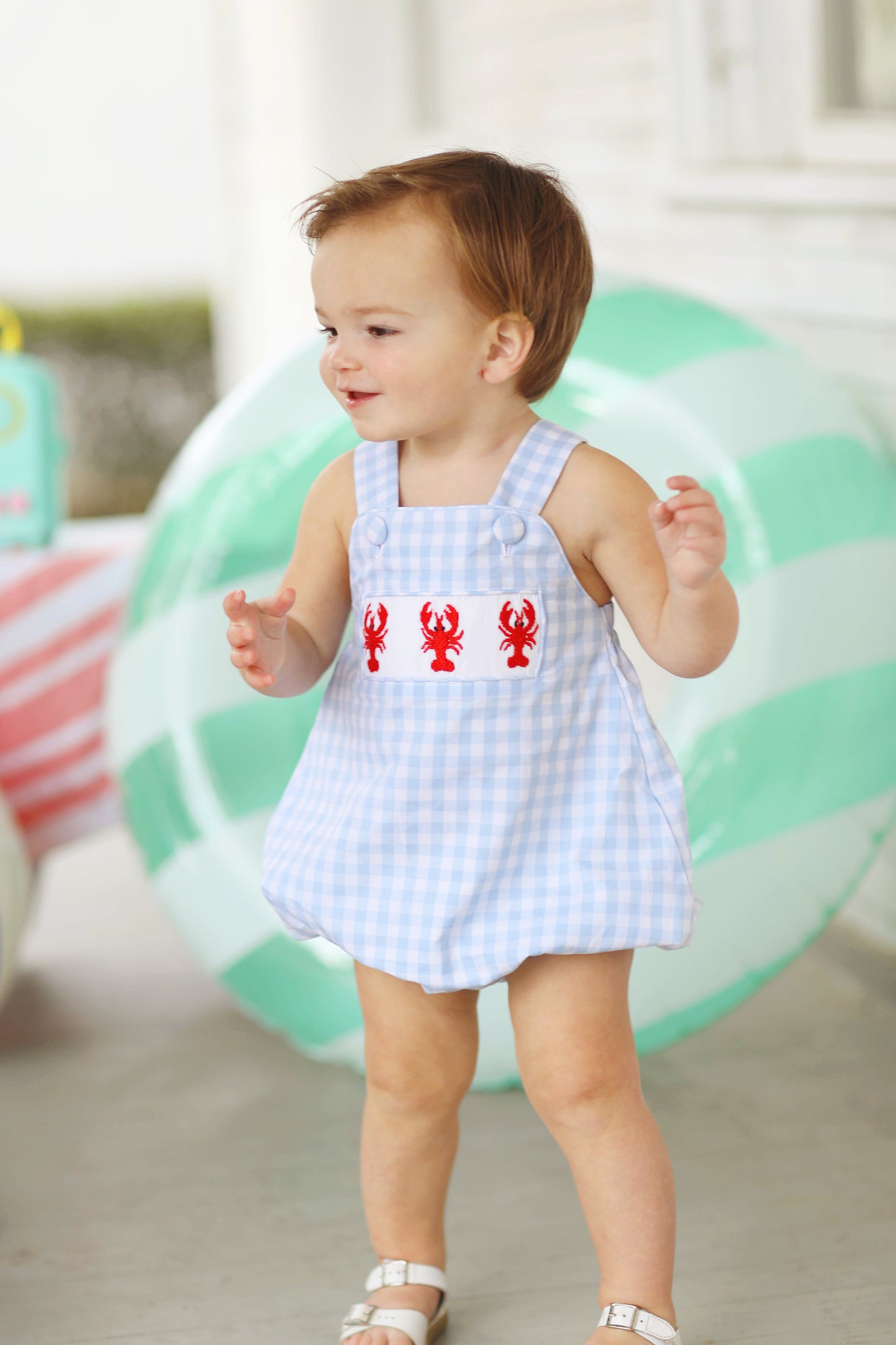 Lobster Smocked Blue Gingham Bubble