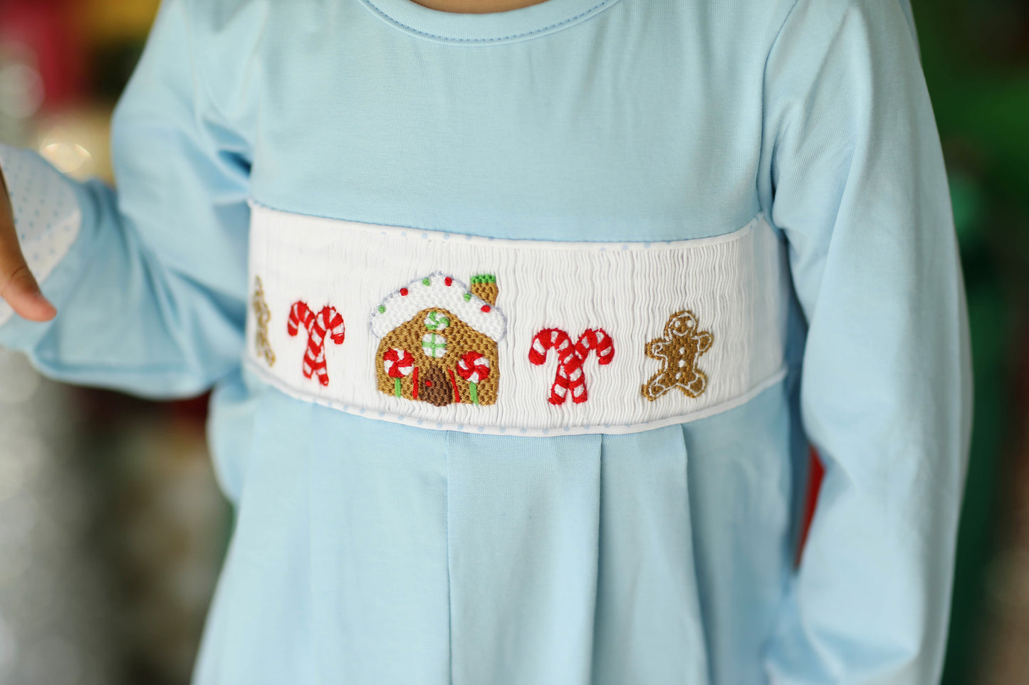 Load image into Gallery viewer, Gingerbread Smocked Knit Blue Romper
