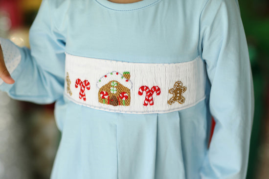Load image into Gallery viewer, Gingerbread Smocked Knit Blue Romper
