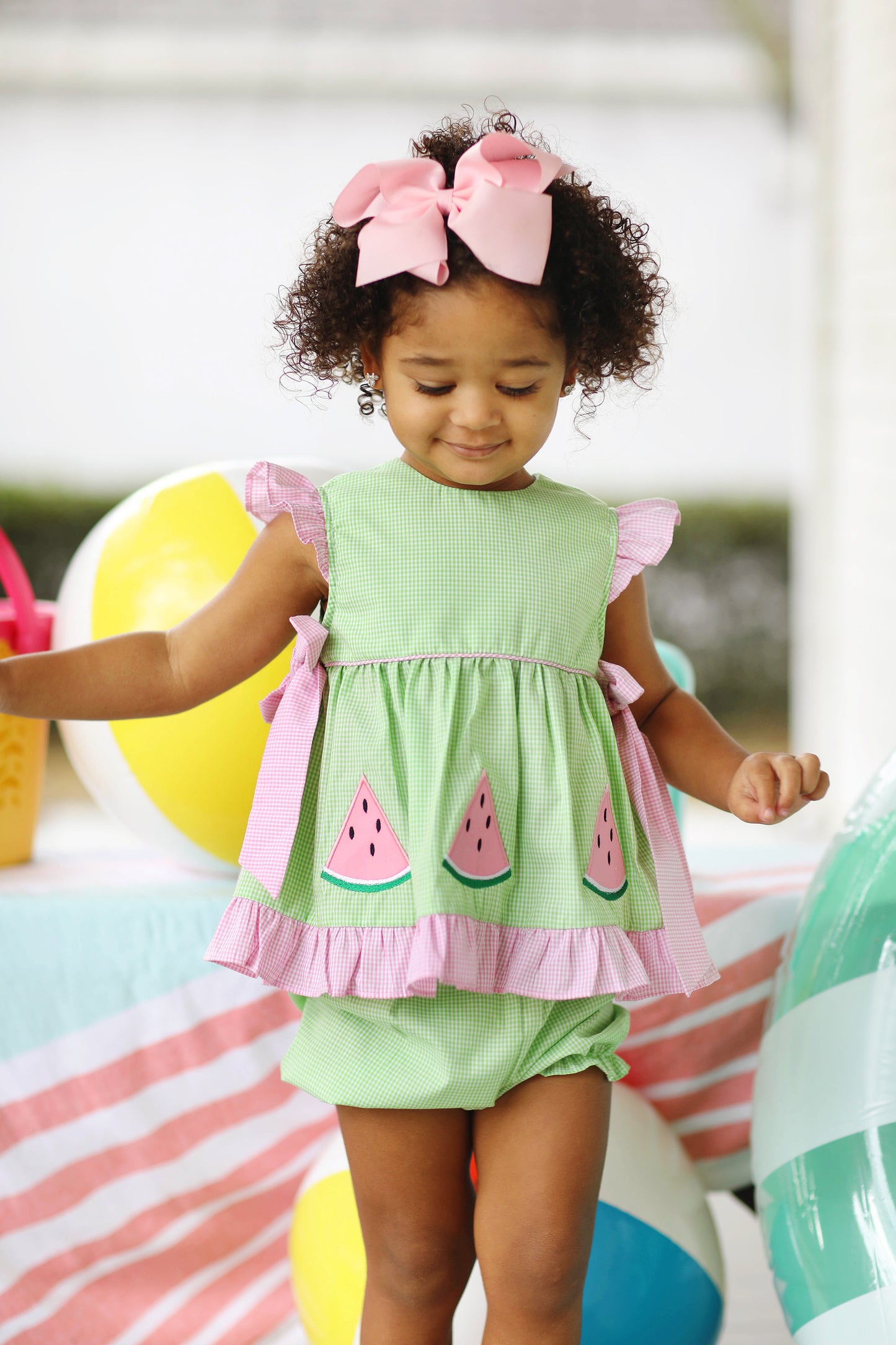 Load image into Gallery viewer, Watermelon Applique Green Gingham Ruffle Bubble Short Set
