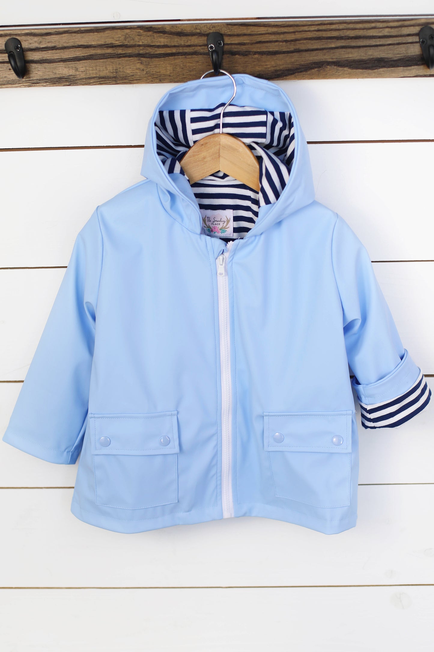 Blue Hooded Raincoat with Knit Navy Stripe Lining