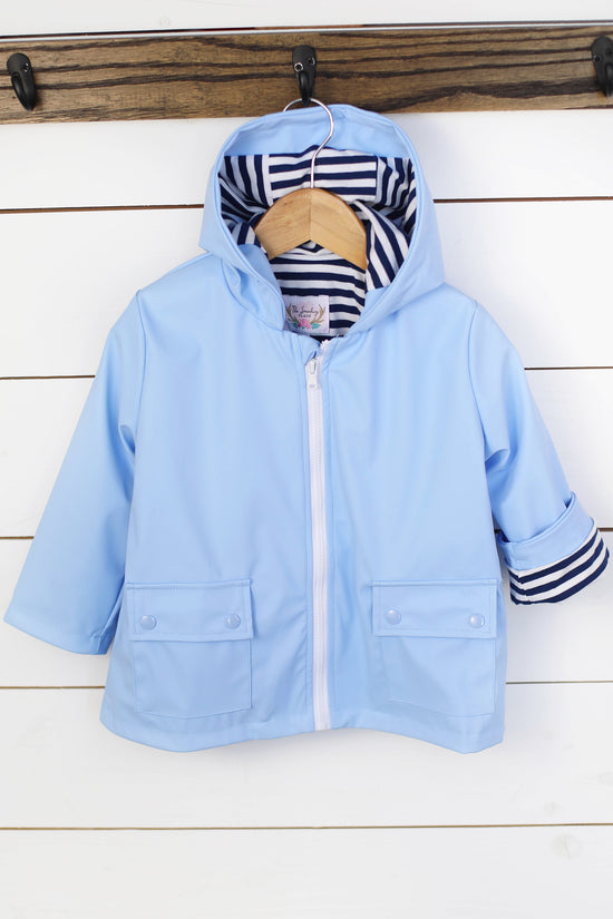 Load image into Gallery viewer, Blue Hooded Raincoat with Knit Navy Stripe Lining

