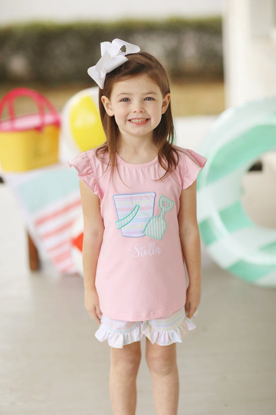 Shovel & Pail Applique Pastel Stripe Ruffle Short Set