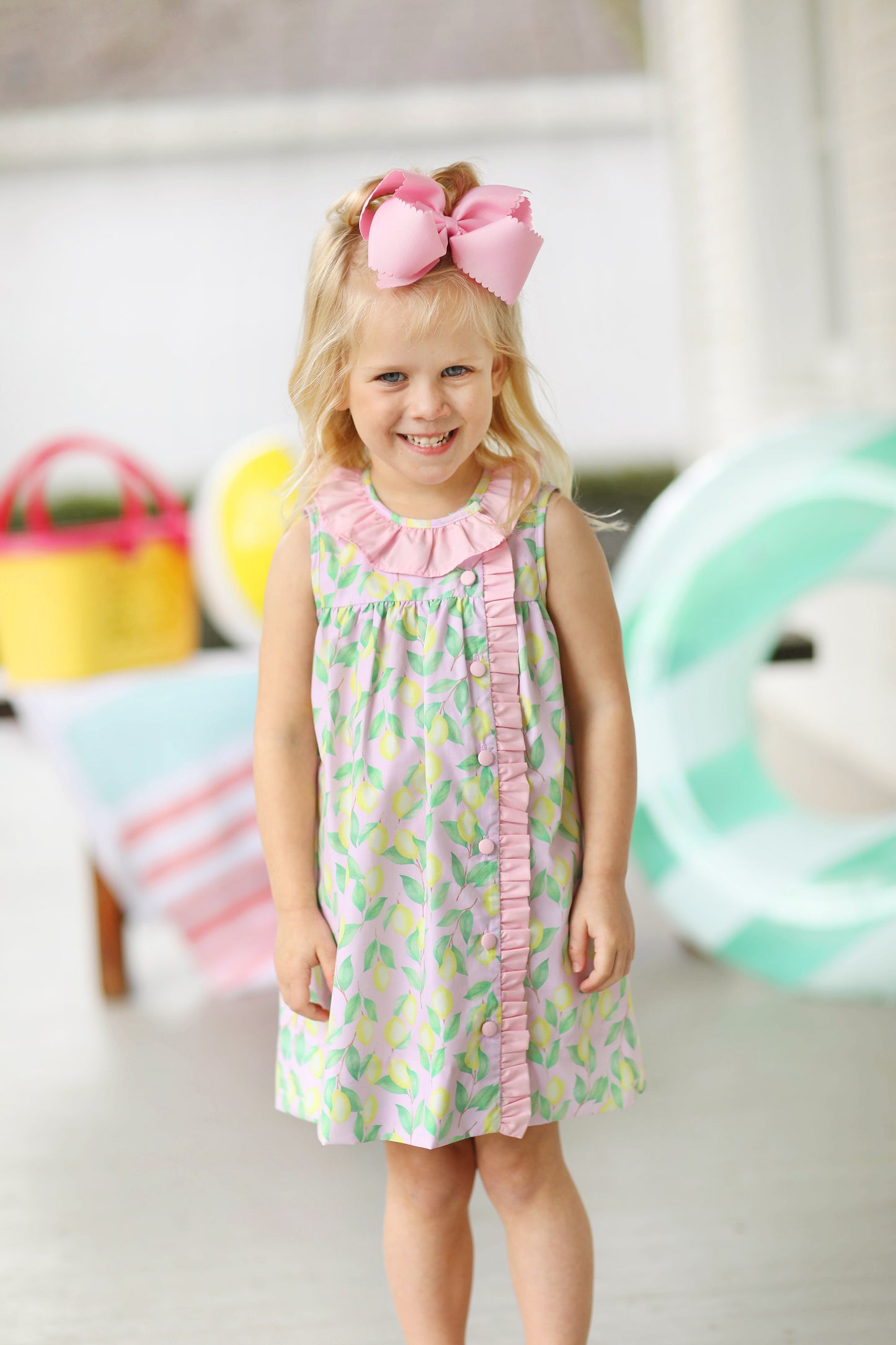 Lemon Print Pink Ruffle Dress
