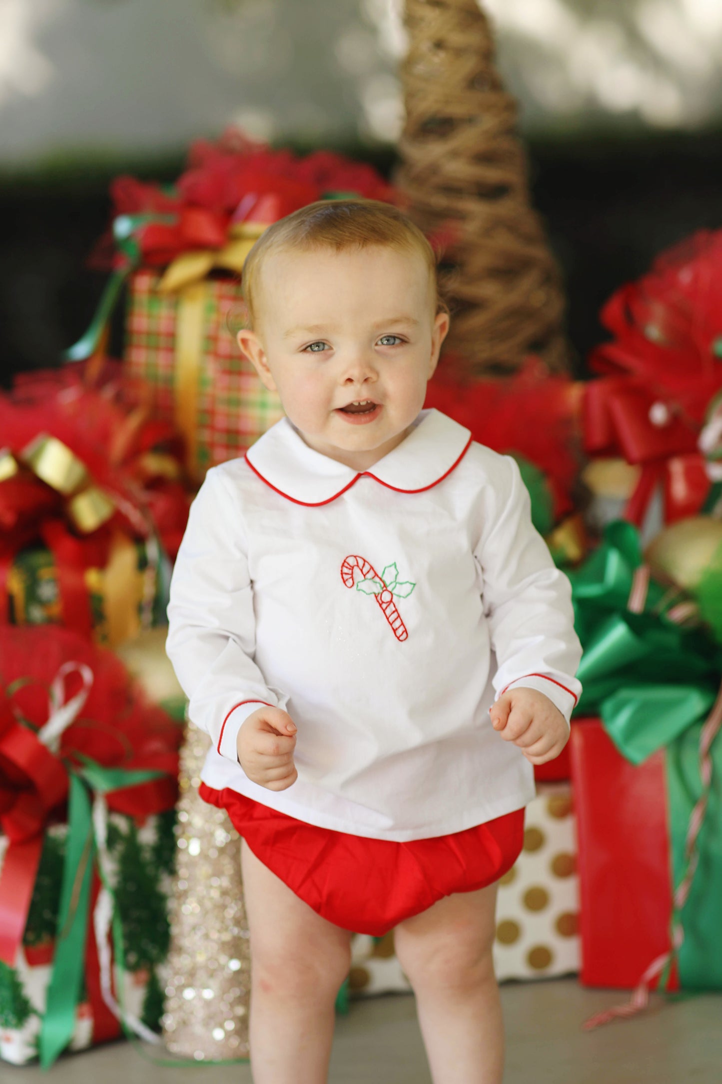 Load image into Gallery viewer, Candy Cane Embroidered Red Diaper Set
