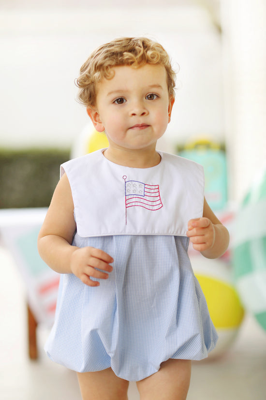 Load image into Gallery viewer, Flag Embroidered Blue Gingham Bib Bubble
