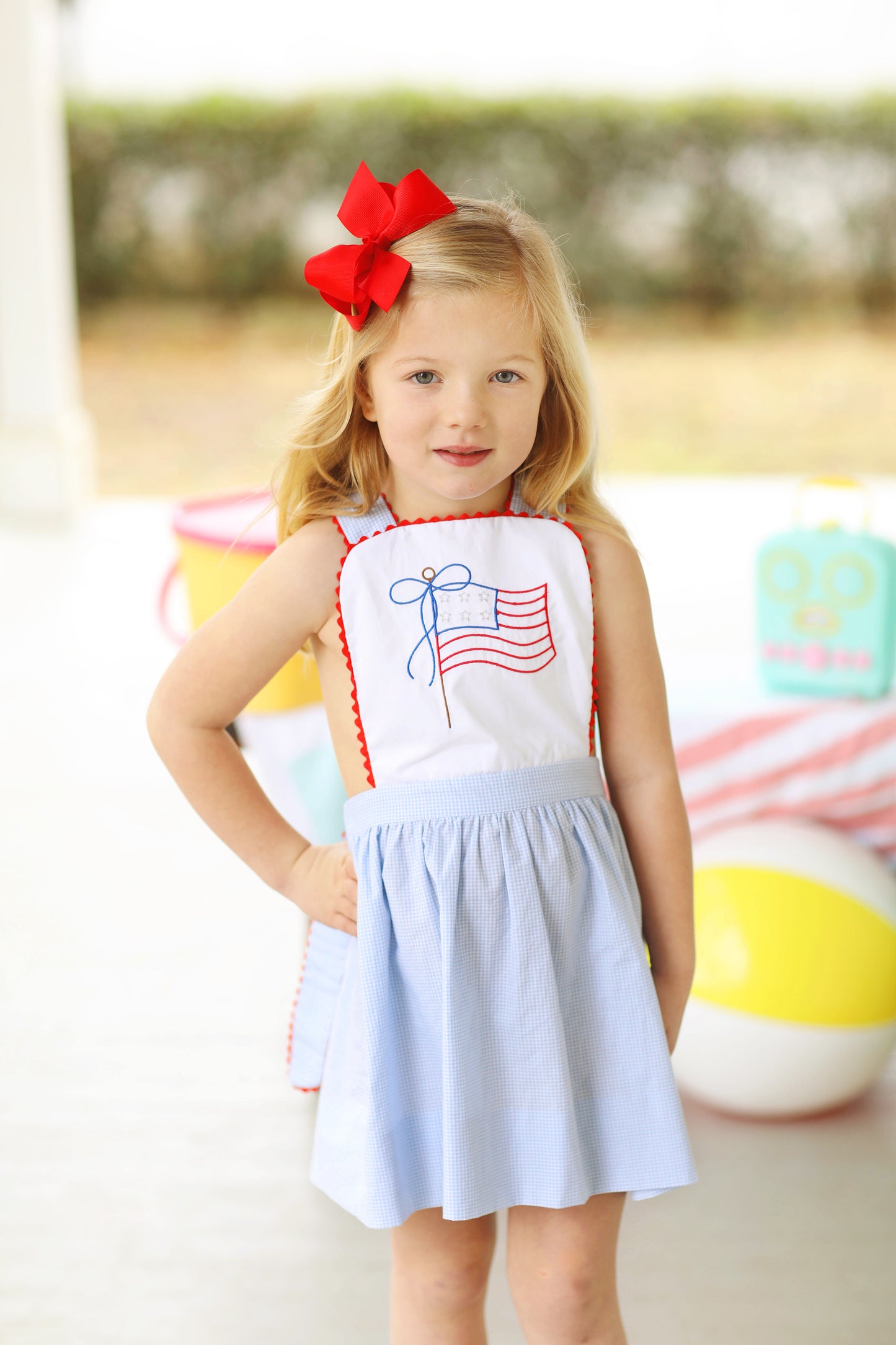 Flag Embroidered Blue Gingham Red Trim Tie Dress