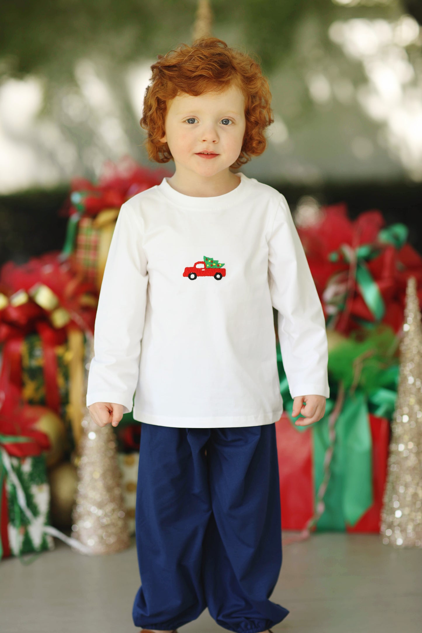 Christmas Truck French Knot Knit Navy Bubble Pant Set