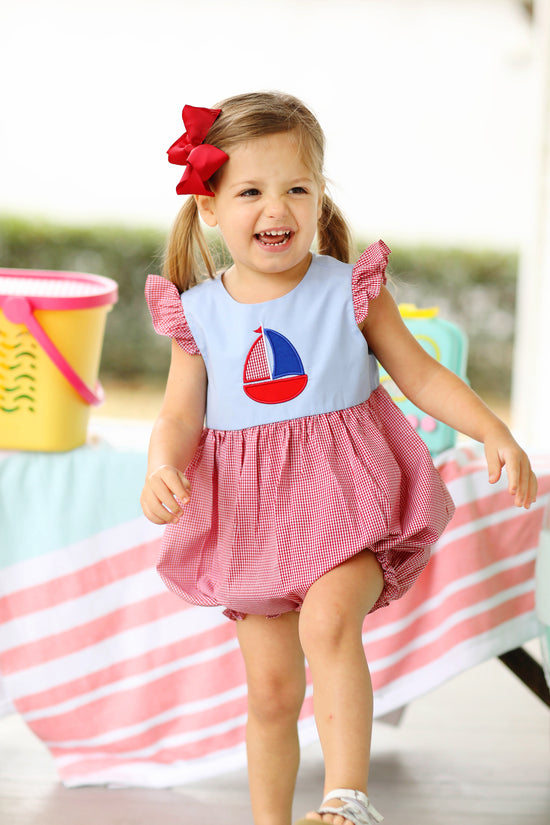 Sailboat Applique Red Gingham Ruffle Bubble