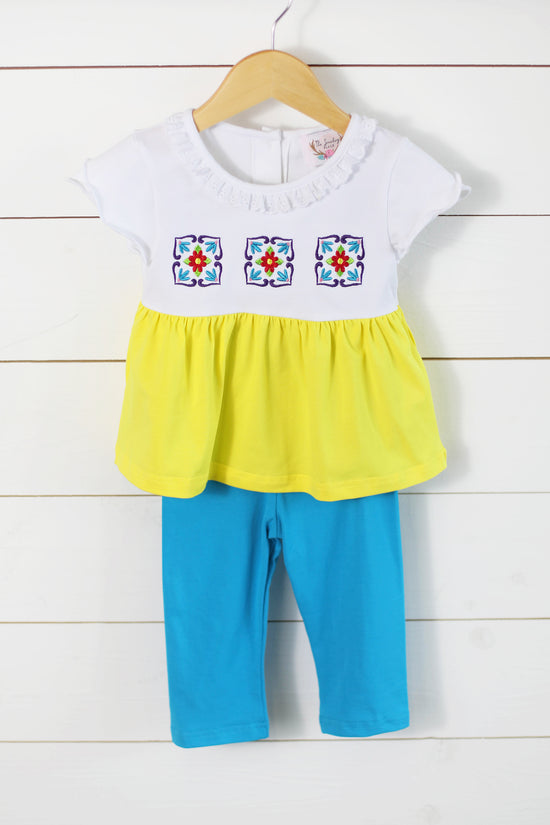 Cinco De Mayo Embroidered Knit Yellow Top Blue Pant Set