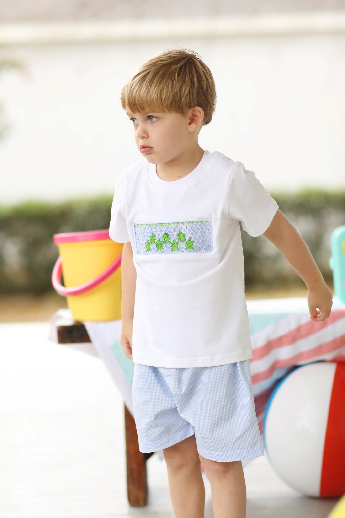 Turtle Smocked Blue Gingham Short Set