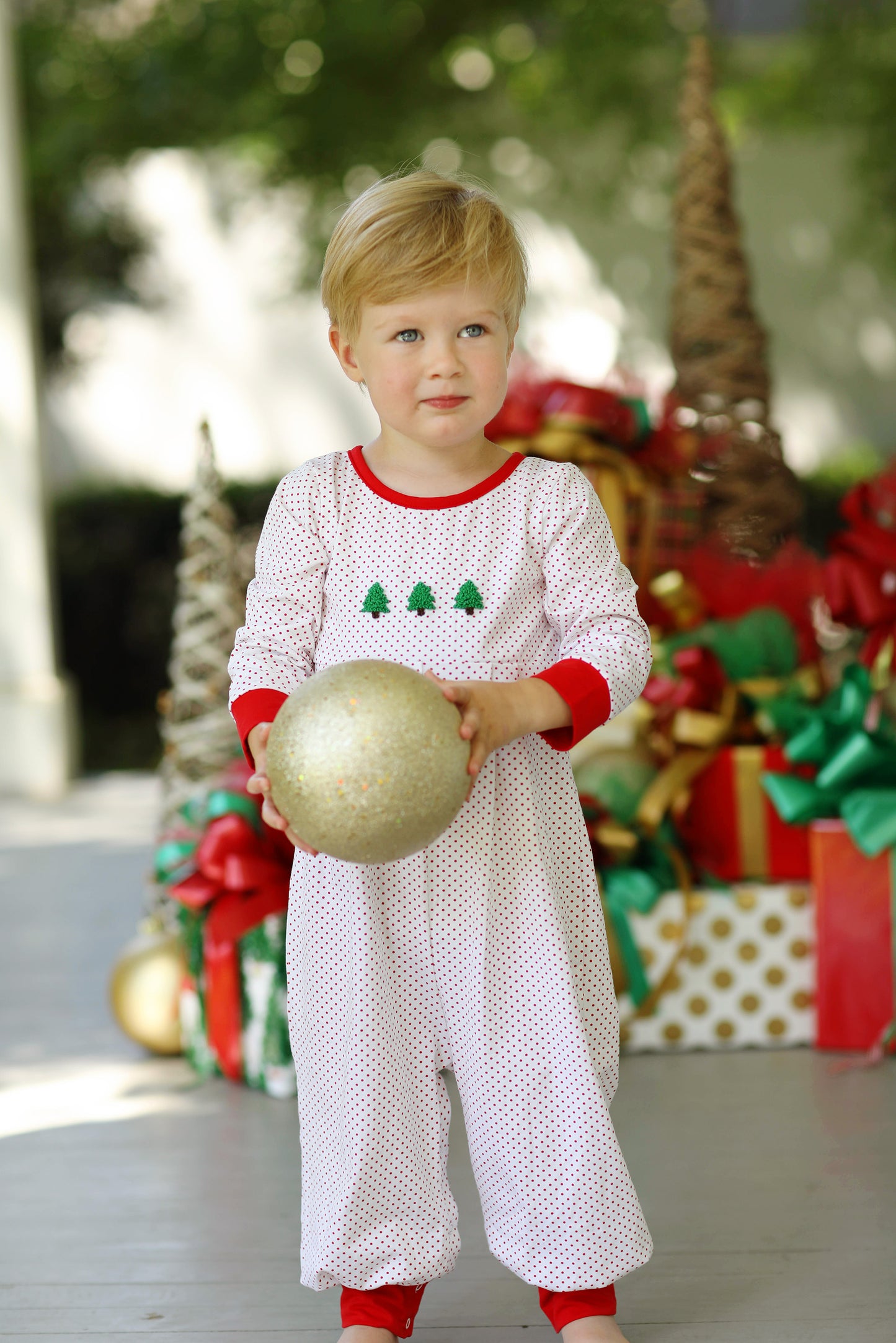 Christmas Tree French Knot Knit Red Bitty Dot Boy Romper