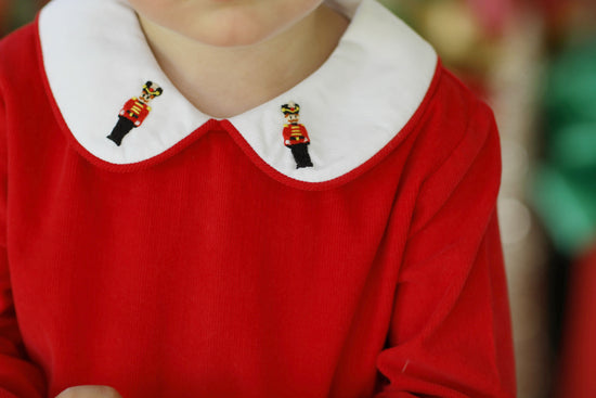 Toy Soldier Embroidered Red Corduroy Long Bubble