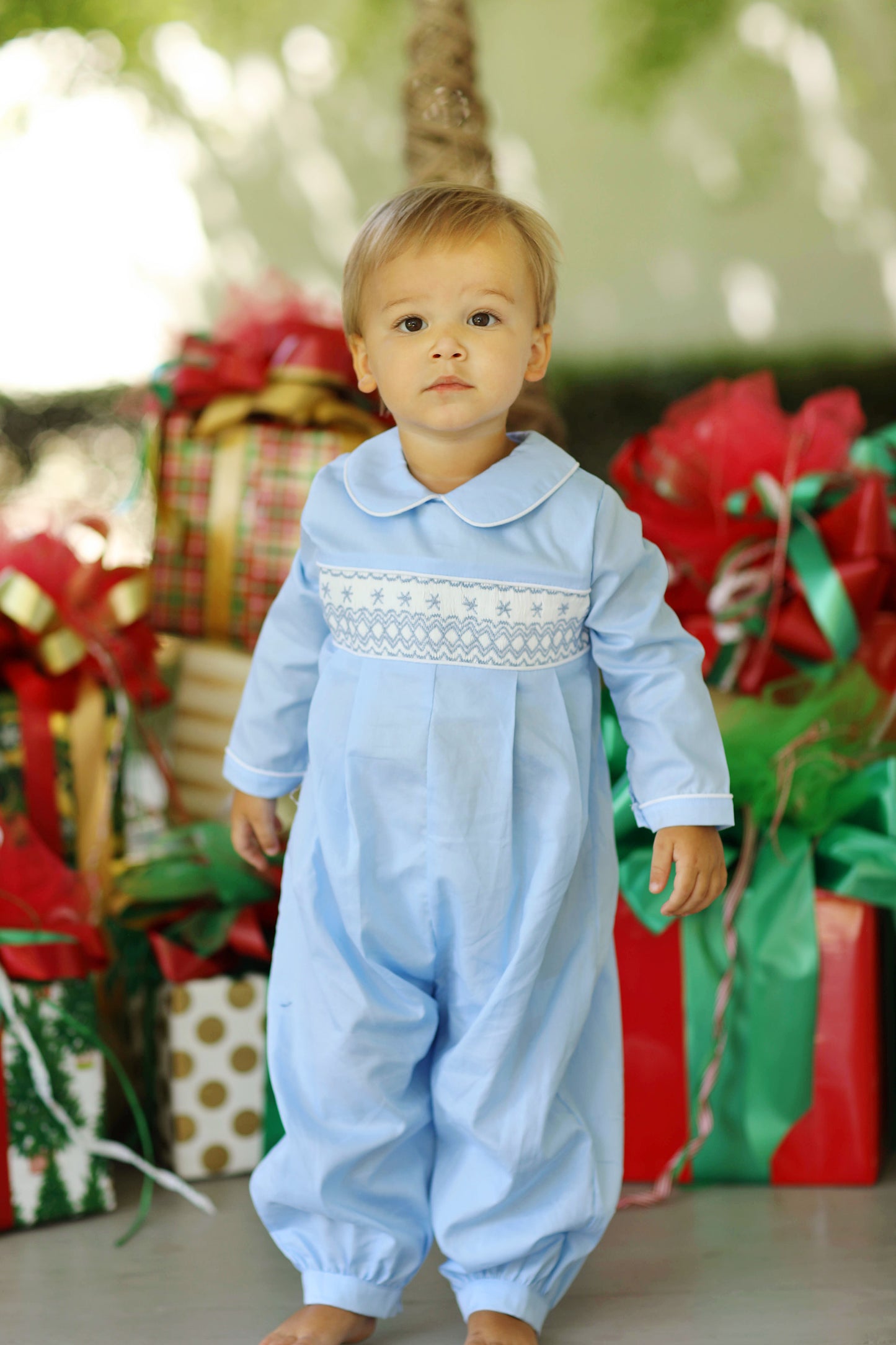 Snowflake Smocked Blue Collared Boy Bubble
