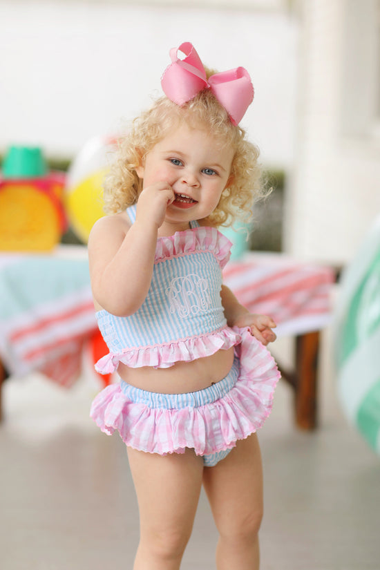 Blue Seersucker Pink Gingham Halter Ruffle Two-Piece Swimsuit