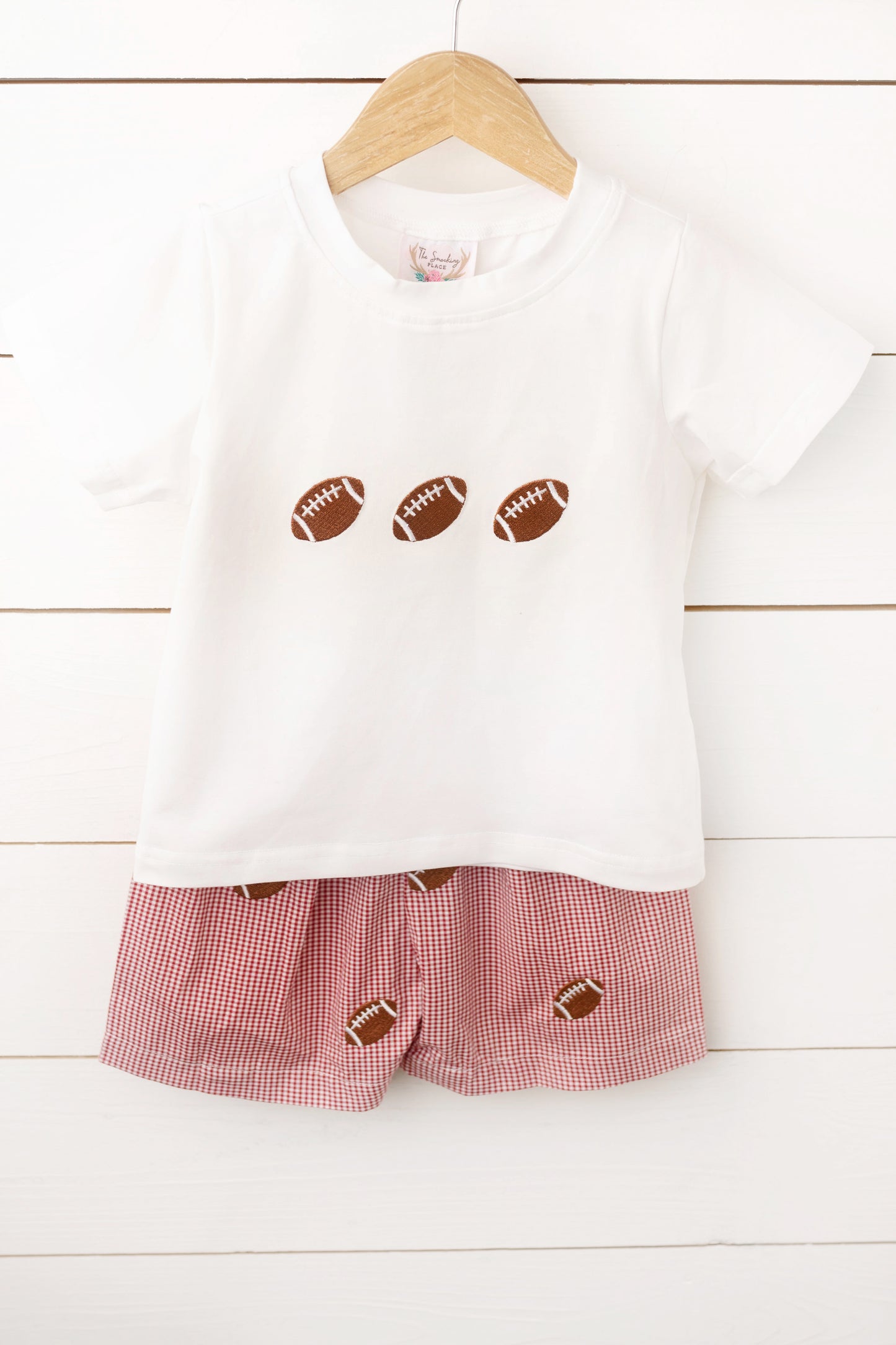 Load image into Gallery viewer, Football Embroidered Maroon Gingham Boy Short Set
