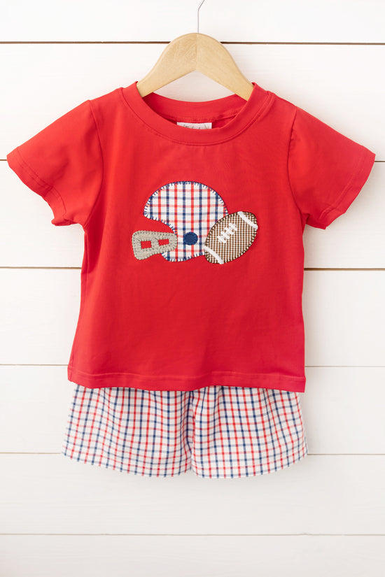 Go Team! Red & Blue Plaid Applique Short Set