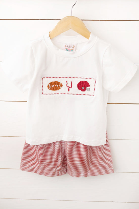 Load image into Gallery viewer, Game Day Smocked Maroon Gingham Short Set
