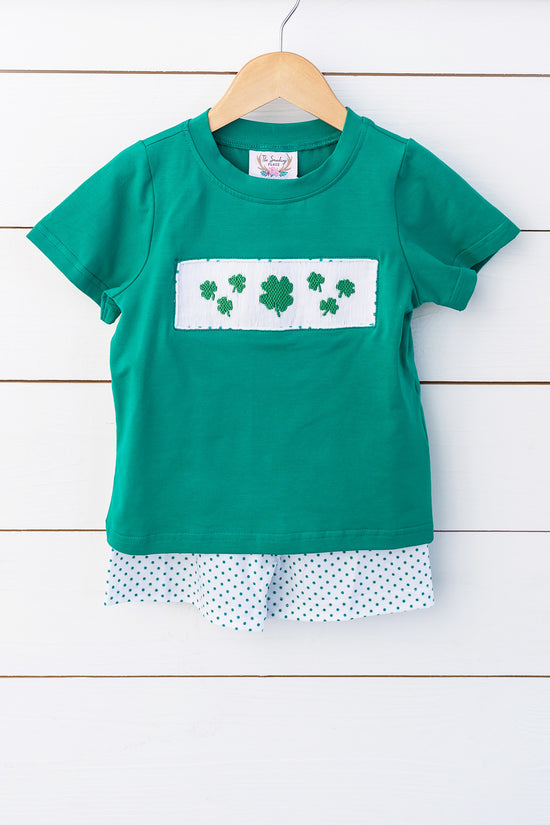 Load image into Gallery viewer, Knit Lucky Clover Smocked Green Shirt Green Bitty Dot Short Set
