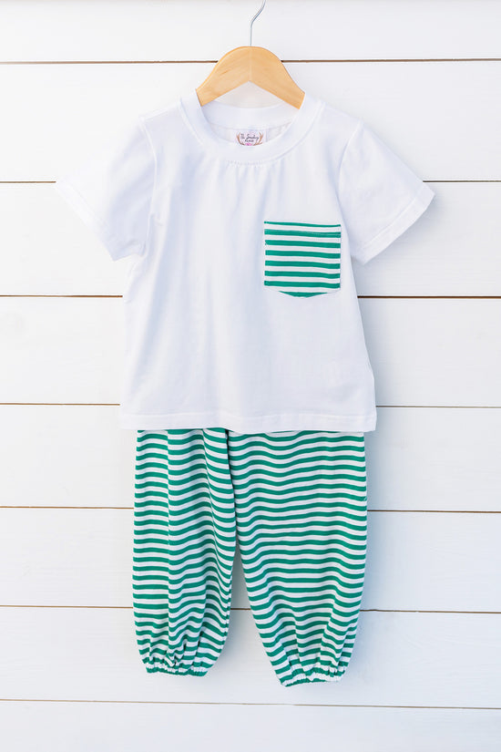 Knit White Shirt Green Stripe Bubble Pant Set