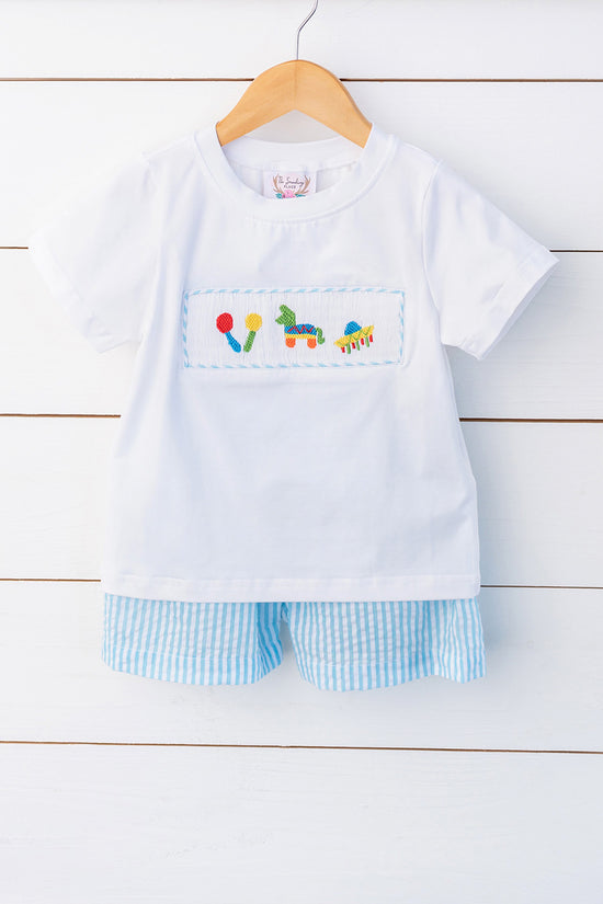 Fiesta Smocked White Shirt Aqua Seersucker Short Set