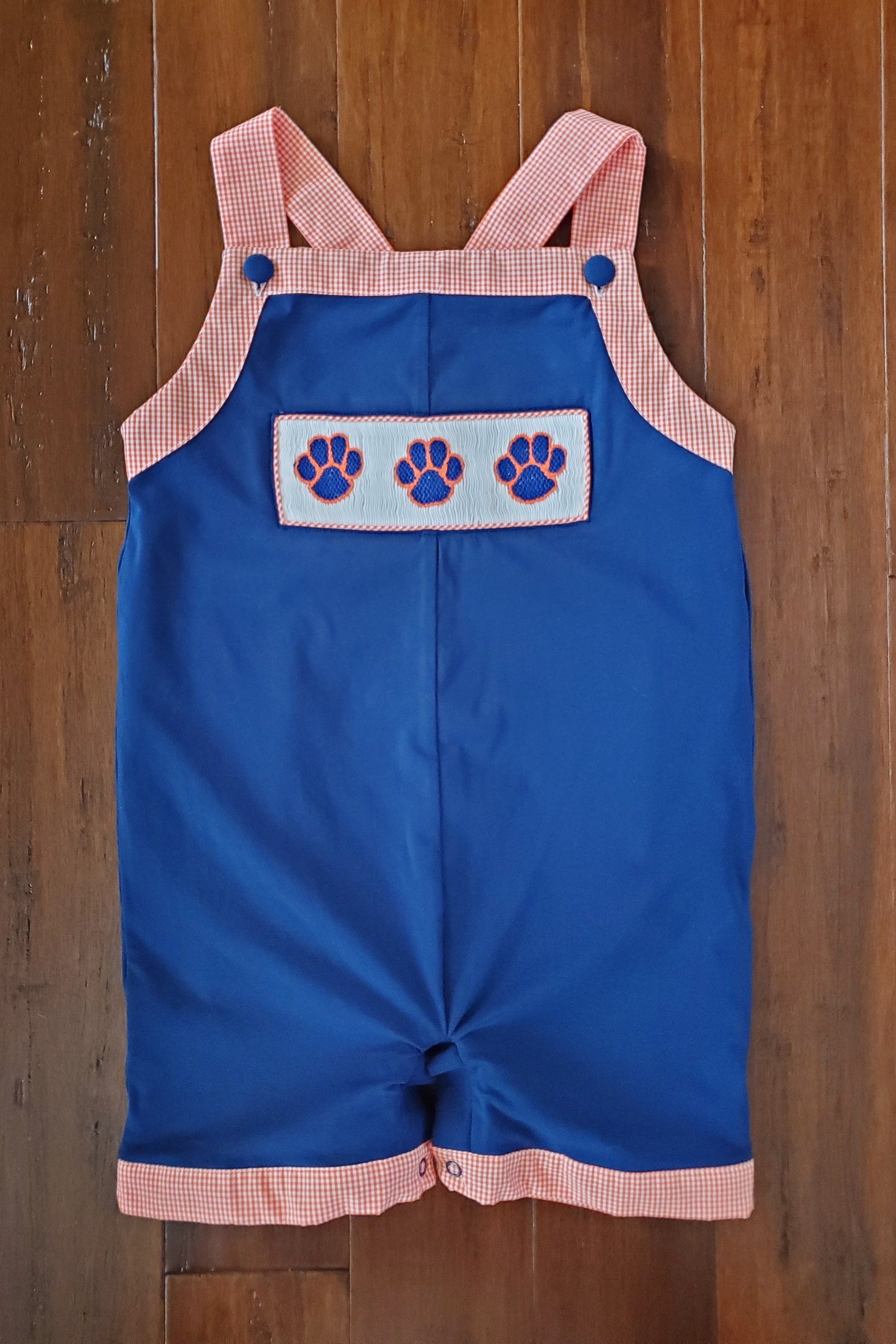 Knit Paw Print Smocked Jon Jon with Orange Gingham Trim