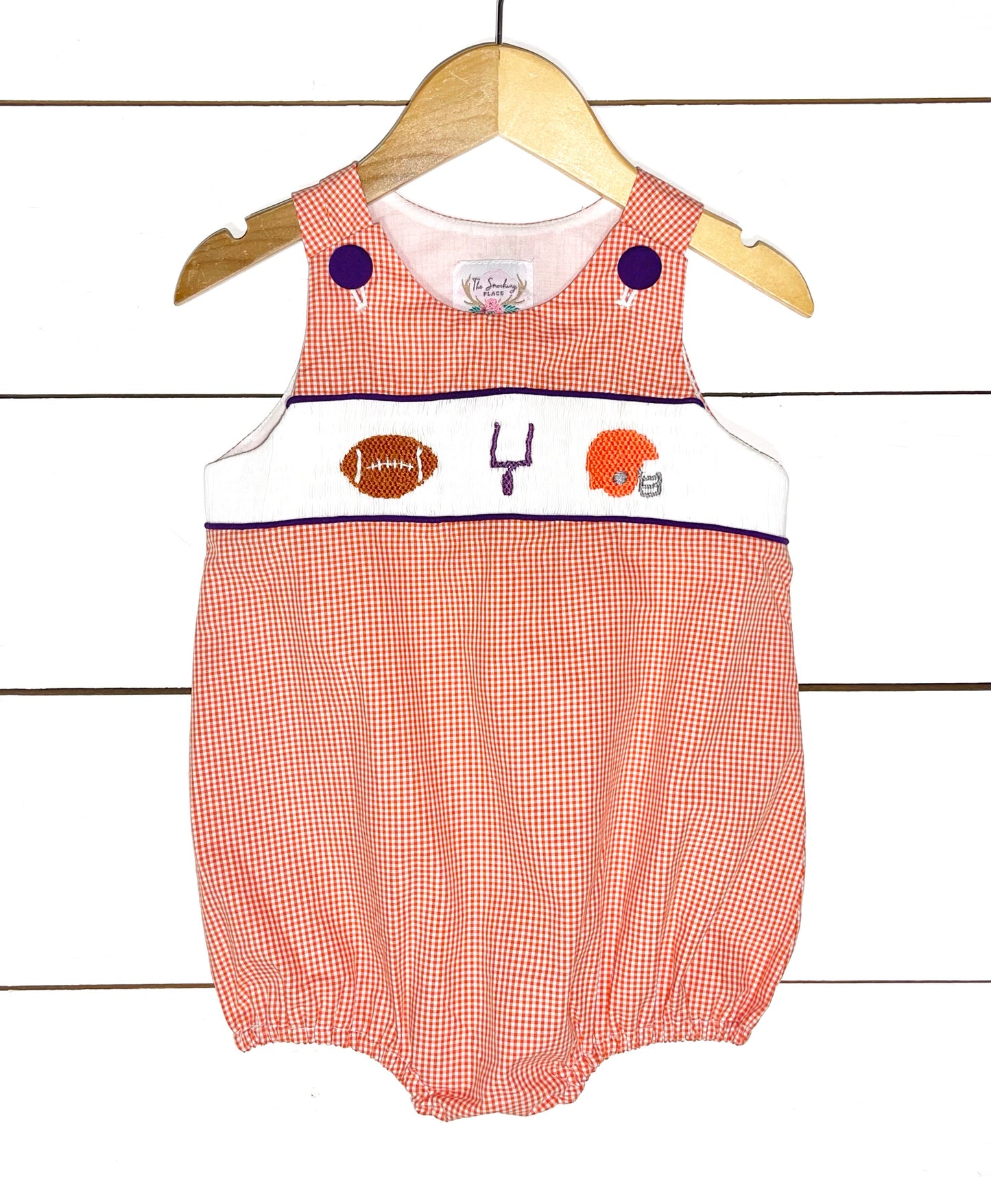 Game Day Smocked Purple Orange Gingham Trim Bubble