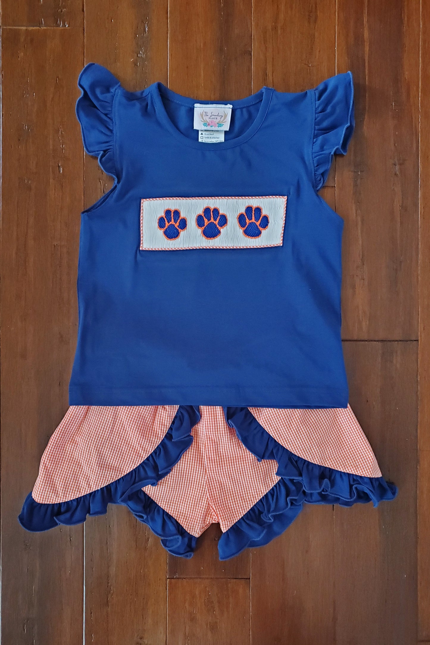 Paw Print Smocked Navy Shirt Orange Gingham Ruffle Swing Short Set