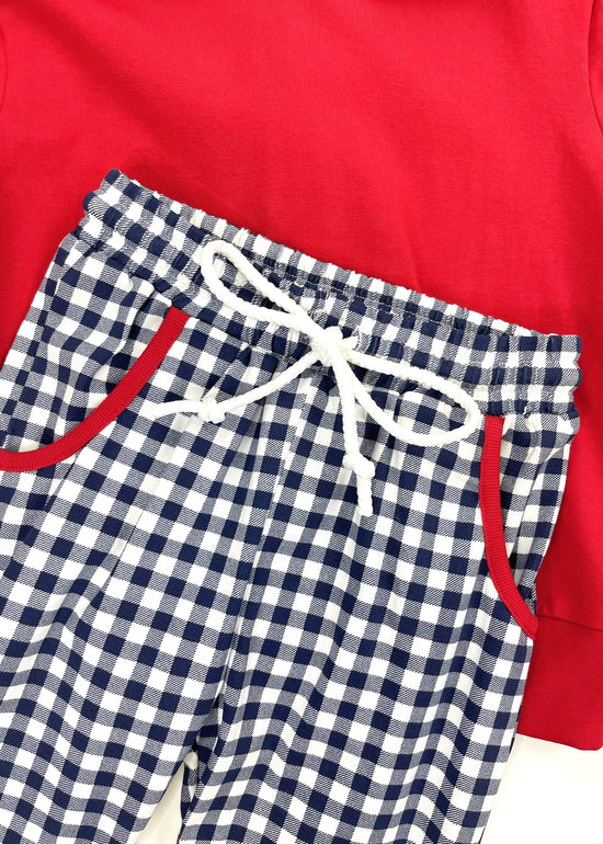 Red Navy Gingham Knit Boy Hooded Jogger Set