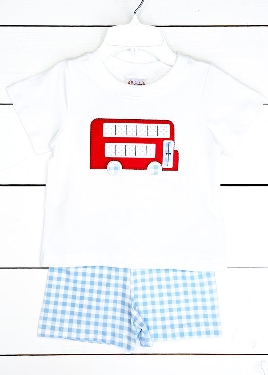 Load image into Gallery viewer, Double Decker Bus Applique Blue Gingham Knit Short Set
