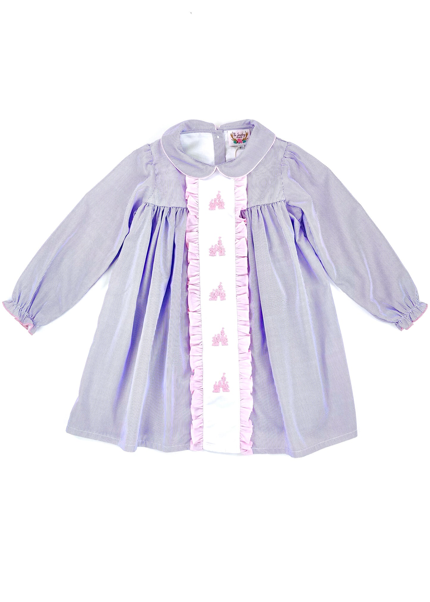 Castle Embroidered Lavender Pinstripe Ruffle Dress