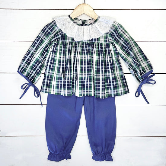 Load image into Gallery viewer, Plaid Lace Navy Bubble Pant Set
