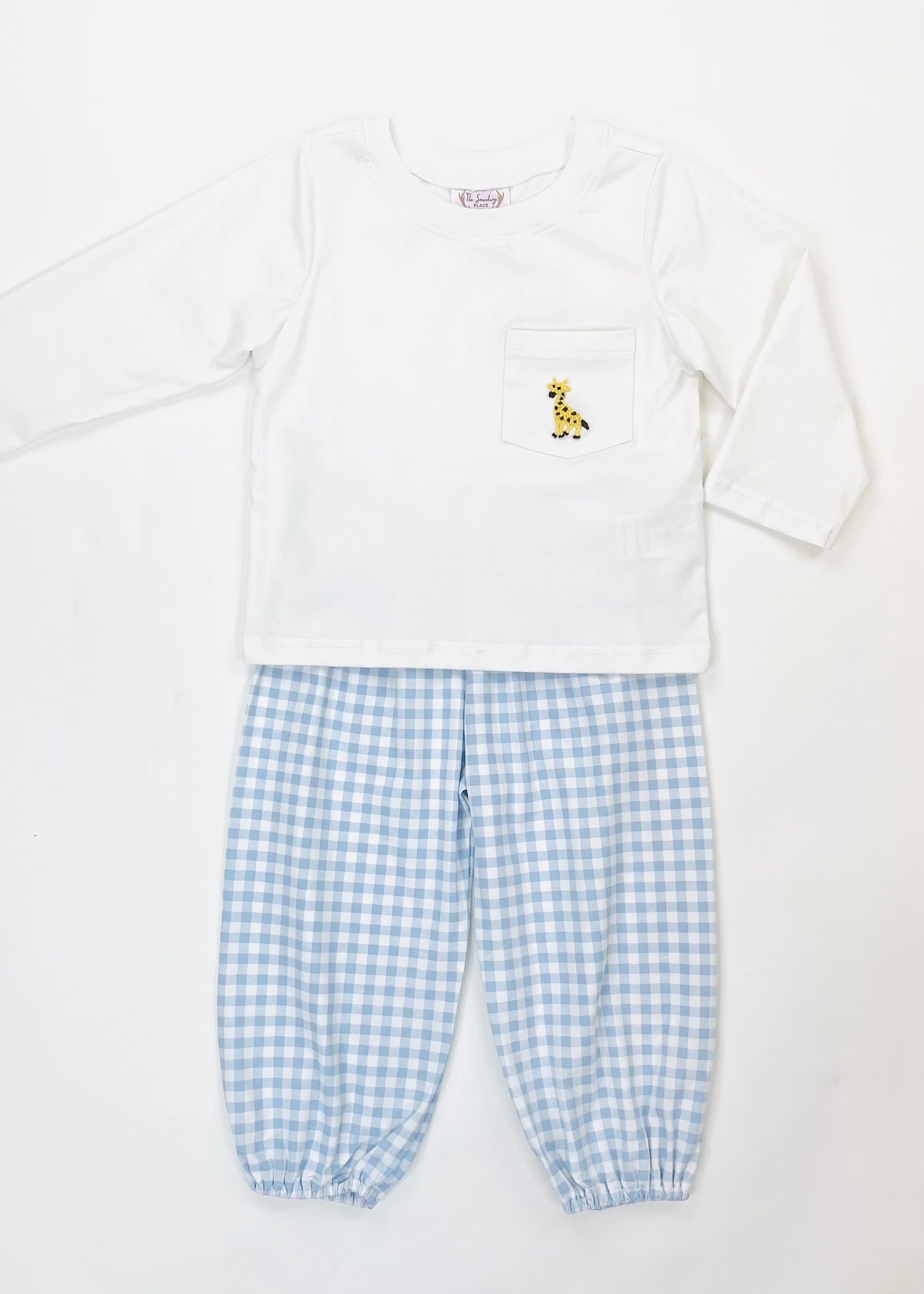 Giraffe French Knot Knit Blue Gingham Bubble Pant Set