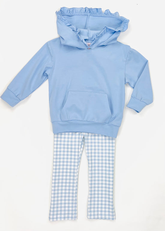 Light Blue Gingham Knit Ruffle Hooded Girl Legging Set