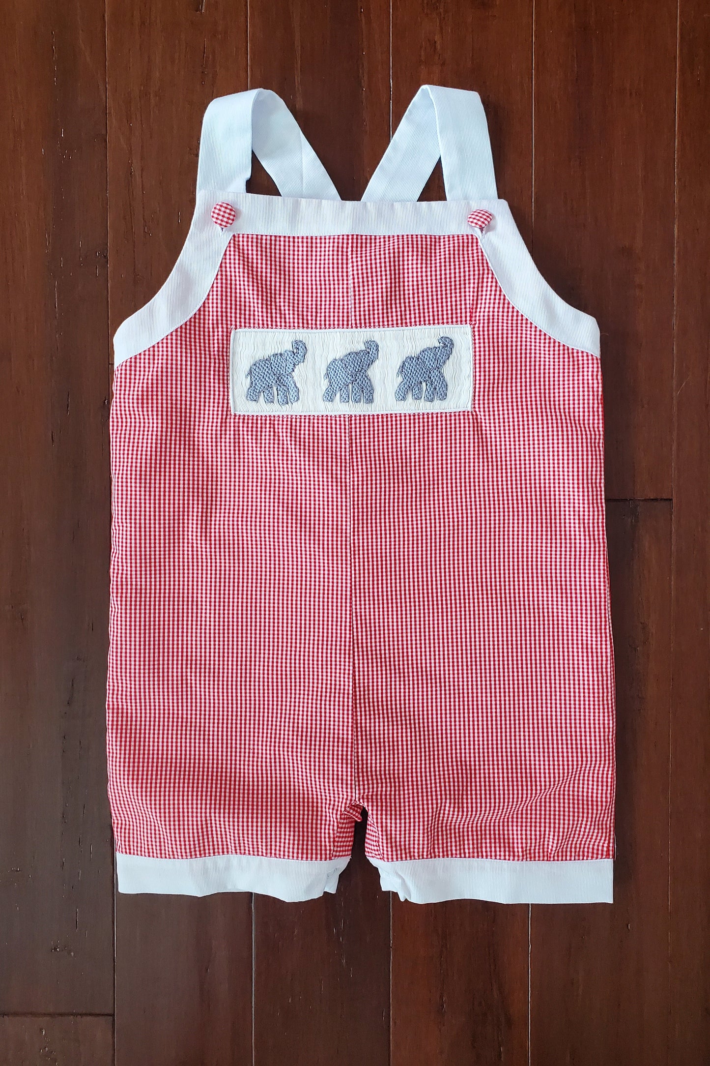 Elephant Smocked Red Gingham Jon Jon with White Trim